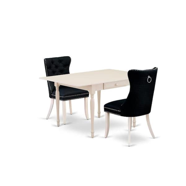 East West Furniture 3-Piece Linen White Finish Rectangular Solid Wood Top with Dropleaf Dining Table Set