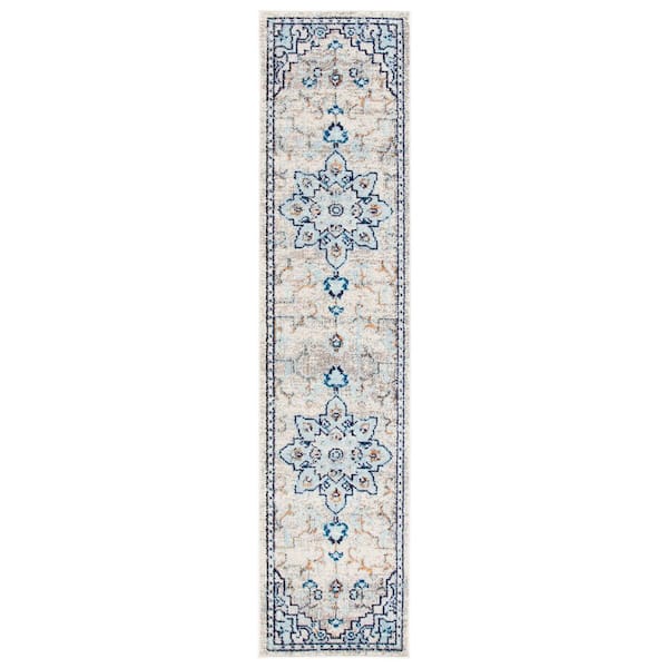 Madison Ivory/Light Blue 2 ft. x 6 ft. Distressed Border Runner Rug