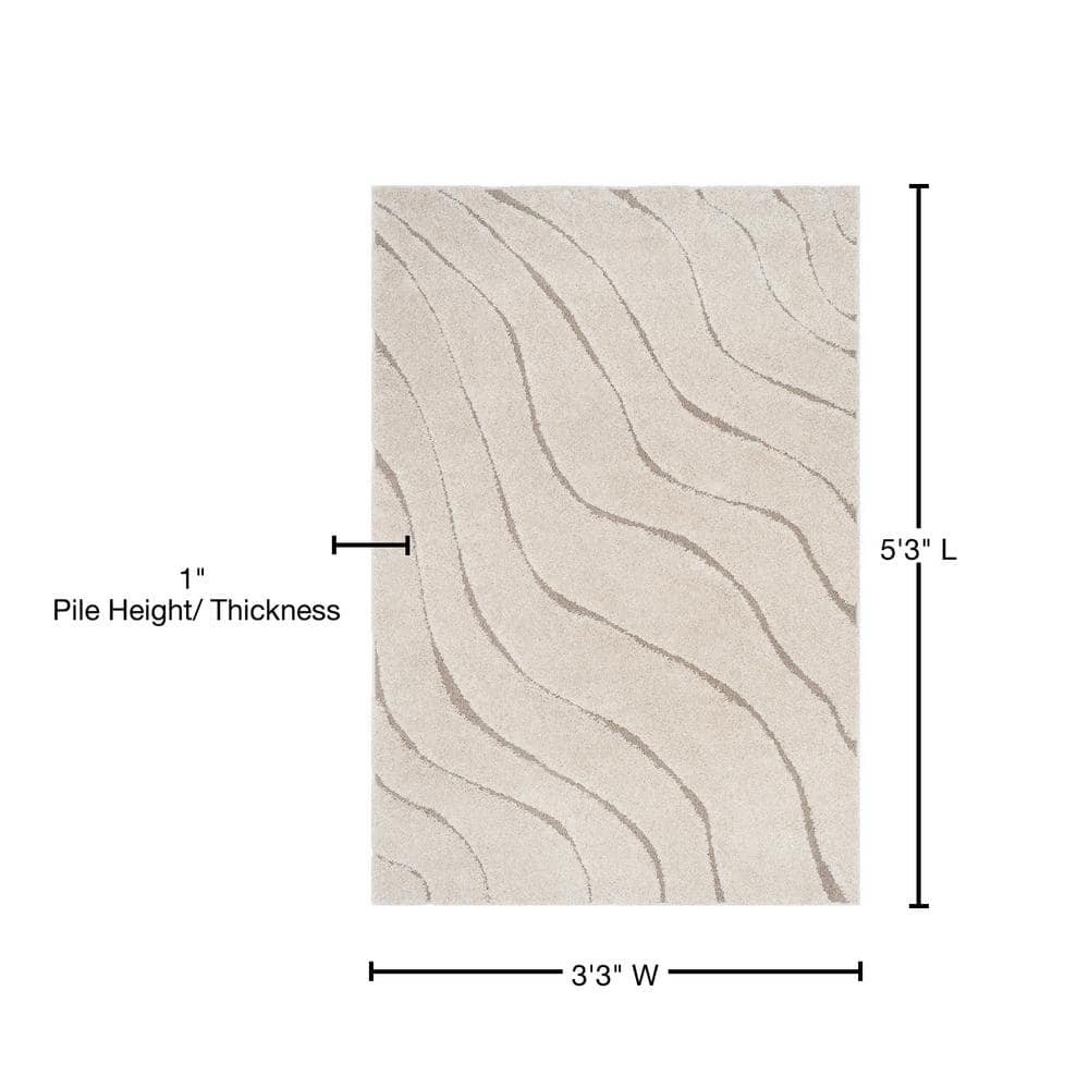 Plush Cream Beige Synthetic Shag Area Rug 3'3" x 5'3"