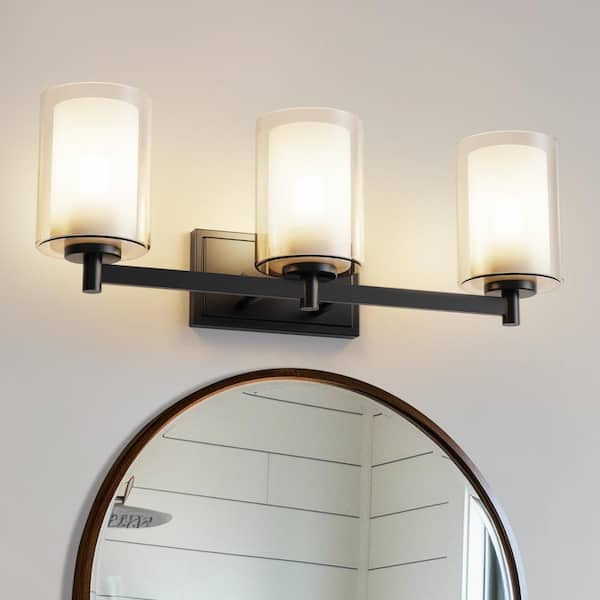 YANSUN 24 in. 3-Light Black Vanity Light with Cylinder Glass Shades for Bathroom, Mirror, Vanity Area