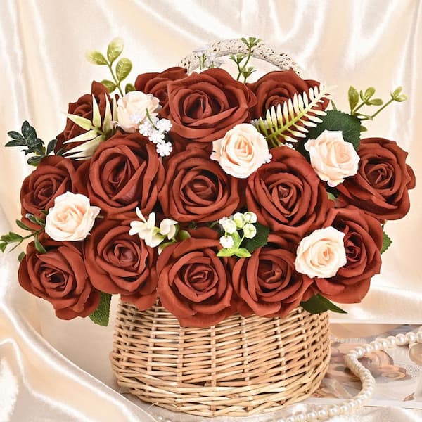 13.71in. H Burnt Orange Artificial Roses, Real Touch Velvet Fall