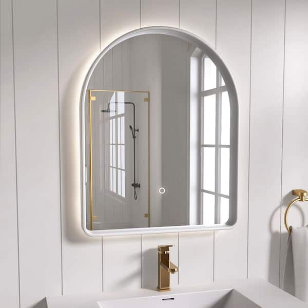 24 in. W x 30 in. H Arched Solid Surface Framed Wall Mount Bathroom Vanity Mirror in Matte White