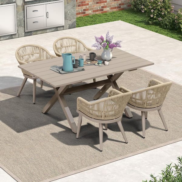 PURPLE LEAF 5-Piece Aluminum All-Weather PE Rattan Rectangular Outdoor Dining Set with Cushion, Champagne