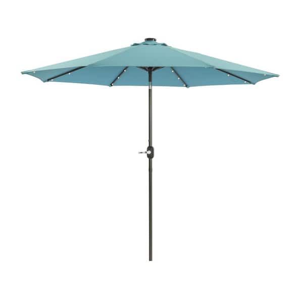 Flynama 9 ft. Crank Lift Outdoor Market Patio Umbrella with 32-Solar LED Light in Lake Blue (Base Not Included)