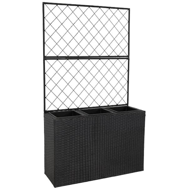 Sunnydaze 3-Section Plastic Wicker Planter Box with Trellis-Black