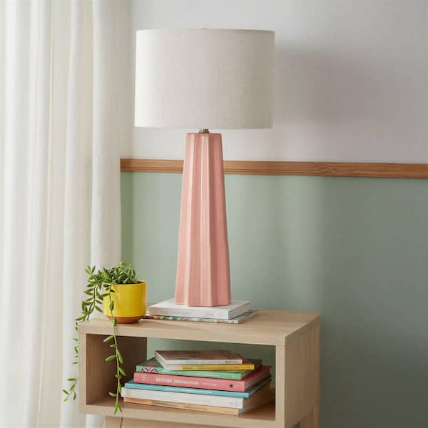 24 in. Pink Round Enameled Metal Fluted Table Lamp with White Linen Shade