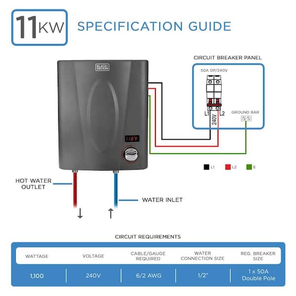 Black+decker 11 KW 1.99 GPM Residential Electric Tankless Water Heater Ideal for 1 Shower or Up to 2 Simultaneous Applications