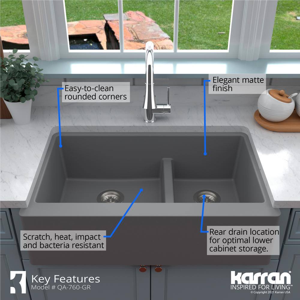 Gray Quartz 34'' Double Bowl Farmhouse Kitchen Sink Kit