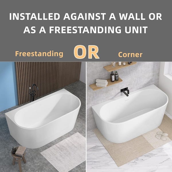 67 in. x 30 in. Freestanding Acrylic Soaking Bathtub with Center Chrome Drain in White-Oval Design (Wall-Ready Side)