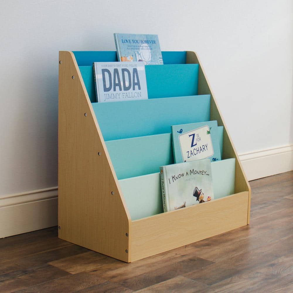 Natural Pine Kids' 5-Tier Wooden Bookcase with Blue Shelves