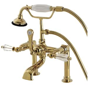 Crystal Lever 3-Handle Deck-Mount High-Risers Claw Foot Tub Faucet with Hand Shower in Polished Brass