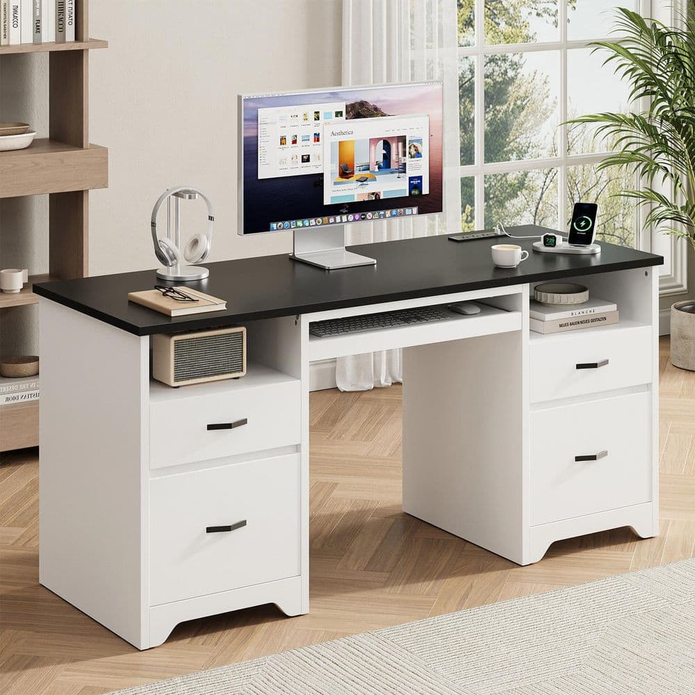 Bestier 59 in. Rectangular Black White Computer Desk with Drawers