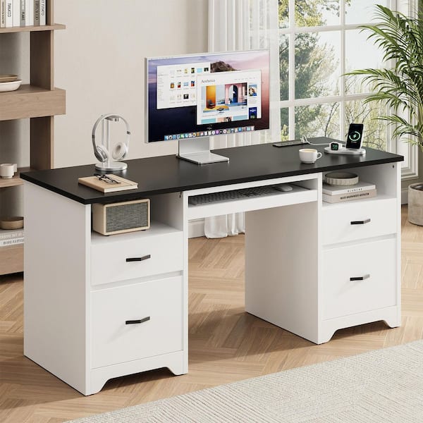 Bestier 59 in. Rectangular Black White Computer Desk with Drawers and Power Outlet, Home Office Desk with Keyboard Tray
