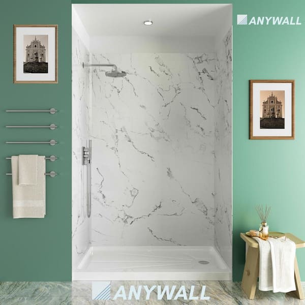 X Marble 60 in. W x 96 in. H 3-Piece Acrylic Full Shower Wall Set in White Marble