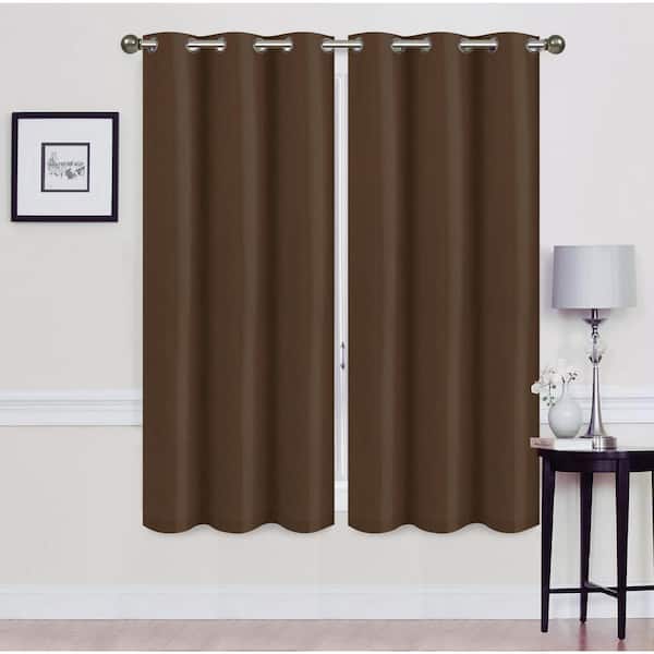 J&V TEXTILES Madonna Coffee Solid Polyester Thermal 76 in. W x 63 in. L Grommet Blackout Curtain Panel (Set of 2)