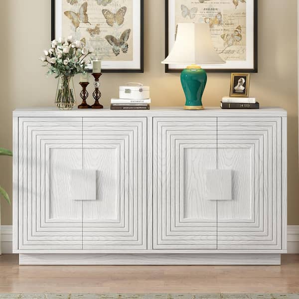 Harper & Bright Designs Antique White Oak Veneer and MDF 60 in. Sideboard with Adjustable Shelves and 4-Geometric Embossed Doors