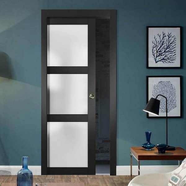 2552 28 in. x 80 in. 3 Panel Black Finished Pine Wood Sliding Door with Pocket Hardware