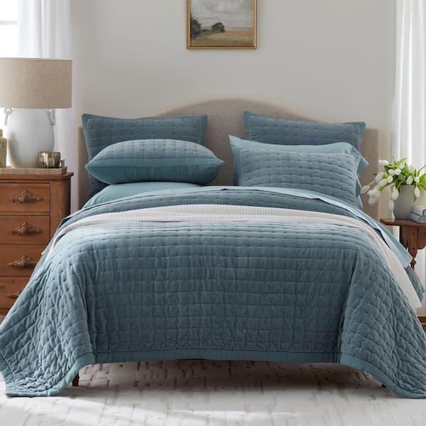 Legends Luxury Tufted Stitch Velvet Quilted Mineral Blue Cotton King Sham