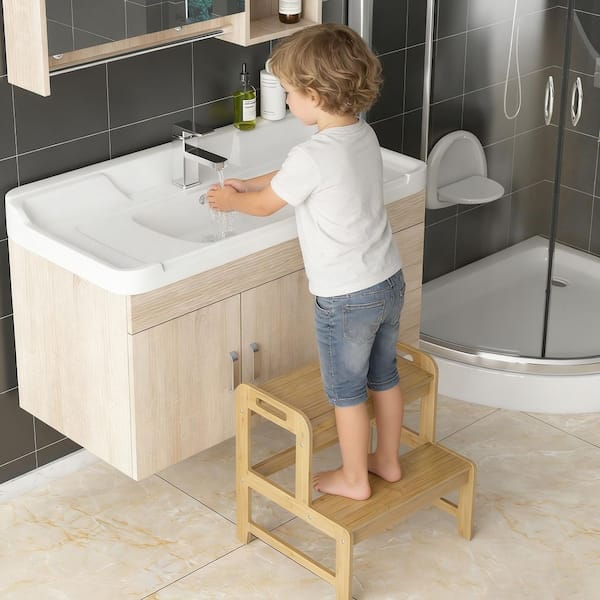 17.13 in. Beige Kids Step Stool, Kitchen Toddler Helper, 2-Step Bamboo with Safety Handles