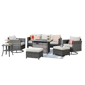 New Star Gray 7-Piece Wicker Patio Rectangle Fire Pit Conversation Set with Beige Cushions and Swivel Chairs