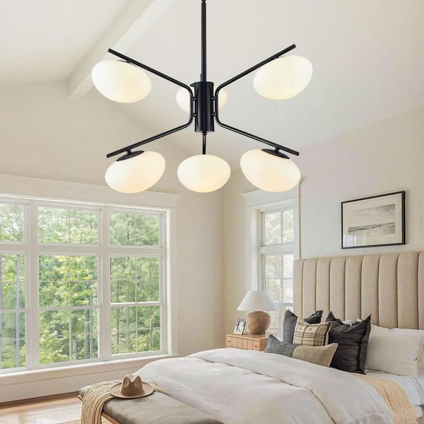 6-Light Black Sputnik Chandelier Ceiling-Light Height Adjustable with Frosted Glass Shade for Dining Room