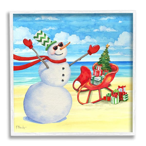 Stupell Industries Snowman on Beach Scene by Paul Brent 1 Piece Framed Graphic Print Nature Poster Art Print 24 in. x 24 in.