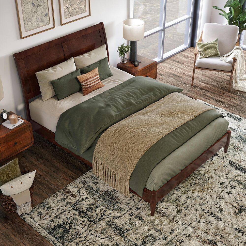 Valencia Walnut Full Sleigh Wood Platform Bed with Slats