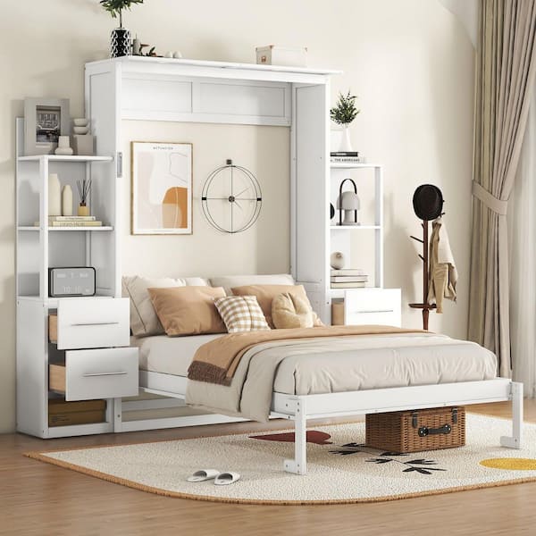 Polibi White Wood Frame Full Murphy Bed with Shelves, Drawers and