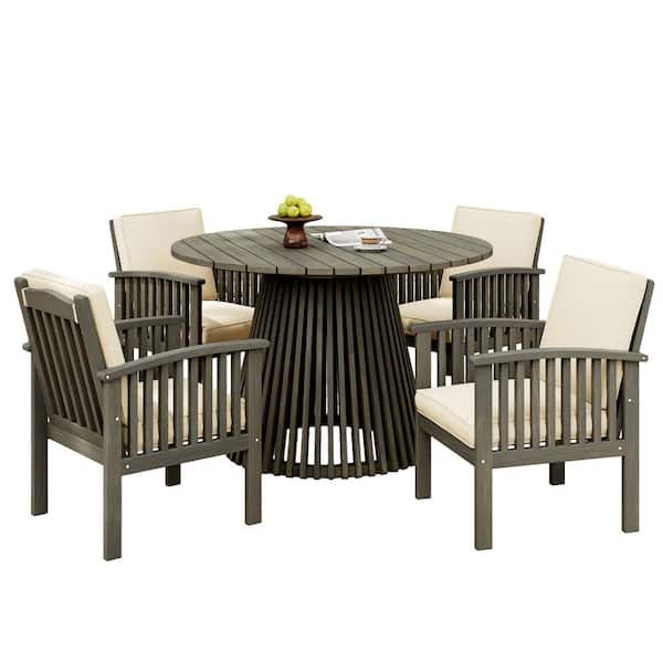Modern 5 Pieces Acacia Wood Outdoor Dining Set Patio Set with Cream Cushions and Round Dining Table