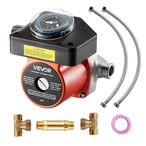 Hot Water Recirculating Pump Kit with Bypass Valve, Timer & Adapter, Stainless Steel Head, 0.13 HP 110-120V