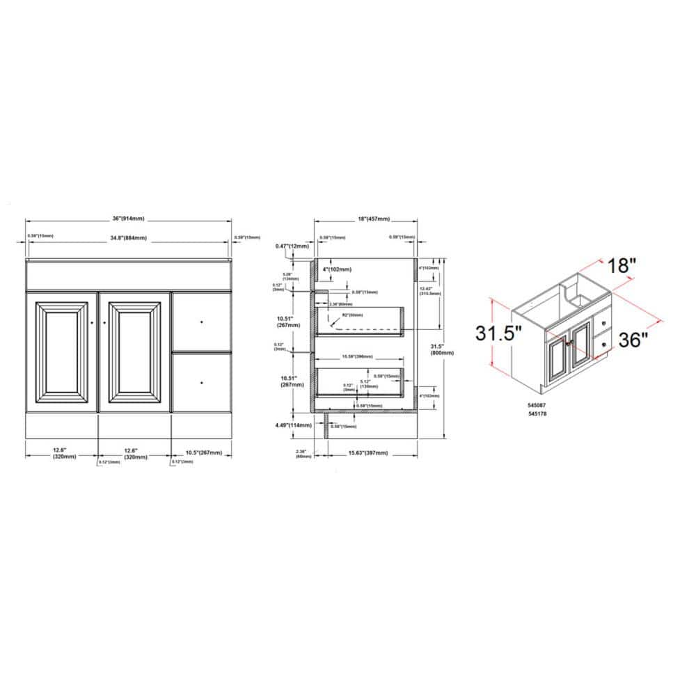 White MDF 36-Inch Freestanding Bathroom Vanity with Satin Nickel Knobs