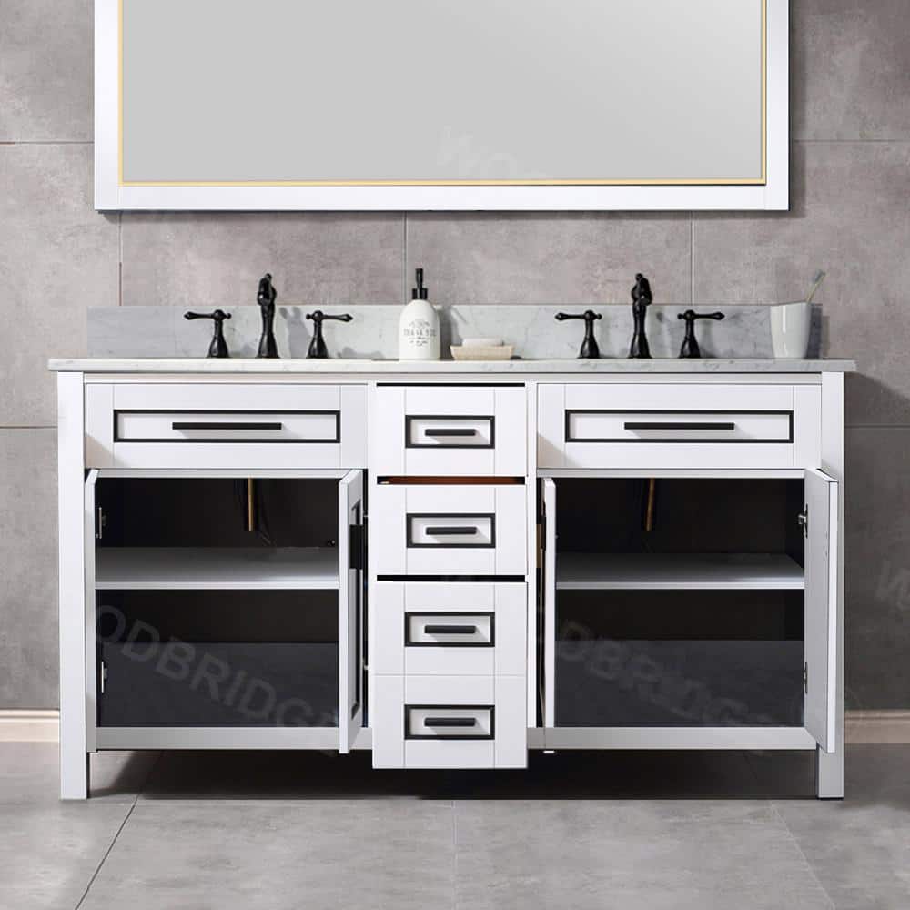 61" White and Black Trim Solid Wood Double Vanity with Carrara Marble Top