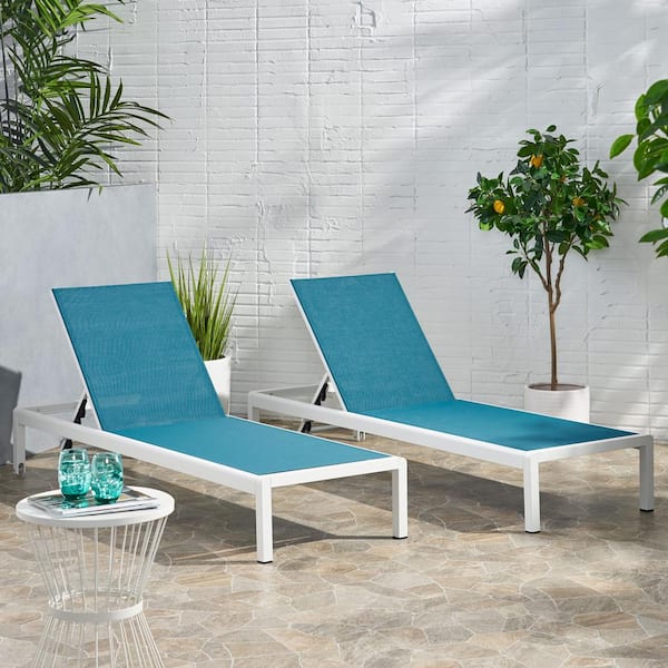 Noble House Cape Coral White 2-Piece Metal Outdoor Patio Chaise Lounge with Blue Seat