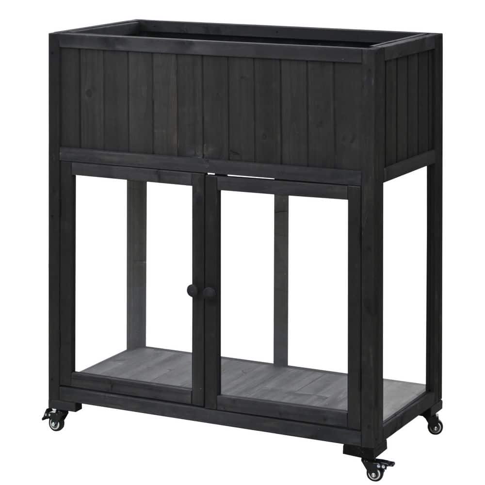 35.4 in. W x 37.4 H Black Fir Wood Mini Cold Frame Greenhouse with Wheel