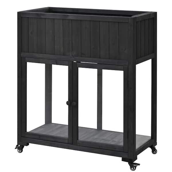 Unbranded 35.4 in. W x 37.4" H Black Fir Wood Mini Cold Frame Greenhouse with Wheels, Raised Bed and Polycarbonate Doors (1 Pack)