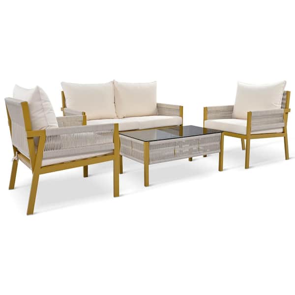 Misopily Yellow 4-Piece Galvanized Metal Patio Conversation Set with Tempered Glass Table and Rope Weave in Thick Beige Cushions