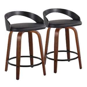 Grotto 24 in. Black Faux Leather, Walnut and Black Wood and Black Metal Fixed-Height Counter Stool (Set of 2)