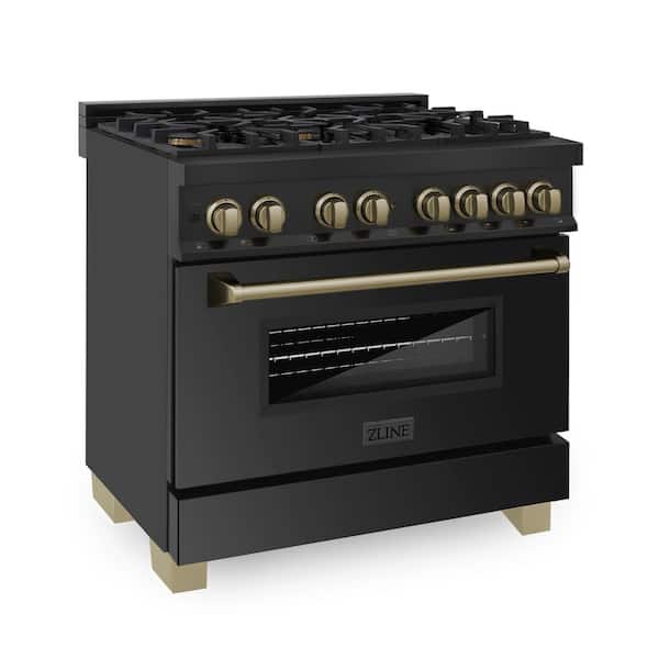 ZLINE Kitchen and Bath Autograph Edition 36 in. 6 Burner Dual Fuel Range in Black Stainless Steel and Champagne Bronze