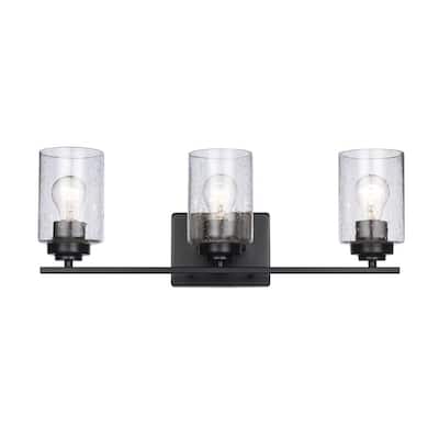 22 in. 3-Light Black Bathroom Vanity Light Fixture with Seeded Glass Shades