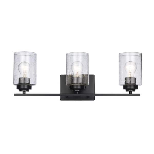 22 in. 3-Light Black Bathroom Vanity Light Fixture with Seeded Glass Shades