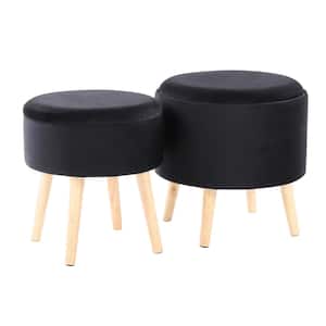 Tray Storage Black Velvet and Natural Wood Ottoman with Matching Stool