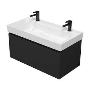 Sharp 39.3 in. W x 18.7 in. D x 22.9 in. H Modern Wall Mounted Bathroom Vanity in Matte Black with White Ceramic Top