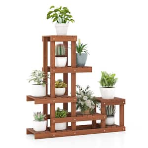 36 in. H x 35.5 in. W x 10 in. D Indoor and Outdoor Natural Wood Plant Stand Flower Rack with High Low Structure