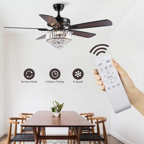 52 in. Smart Indoor Black Crystal Chandelier Ceiling Fan with Dimmable Intergrated LED Included 2 Downrods