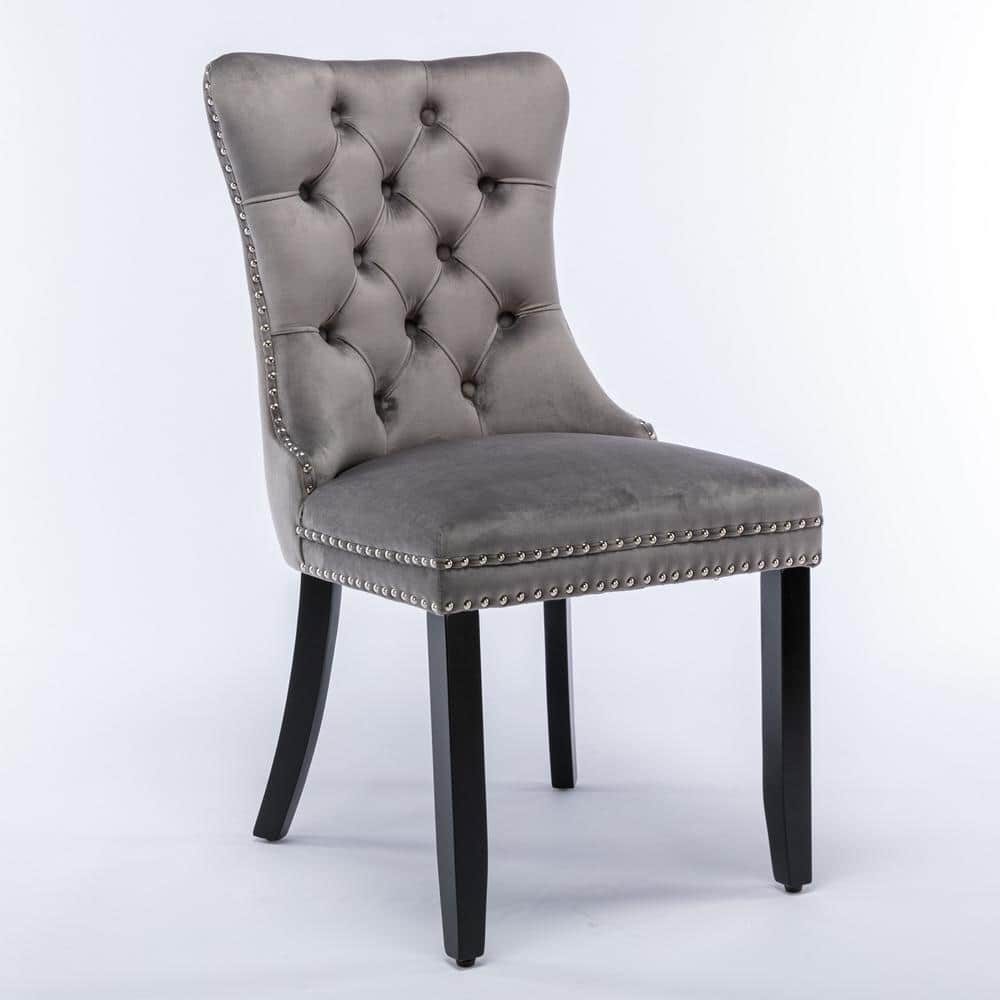 Gray Velvet Upholstered Dining Chair with Wood Legs Nailhead Trim (Set of 2