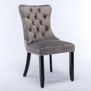 Gray Velvet Upholstered Dining Chair with Wood Legs Nailhead Trim (Set of 2)
