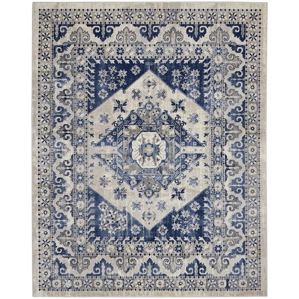 Nourison Cyrus Ivory Blue 8 ft. x 10 ft. Medallion Traditional Area Rug ...