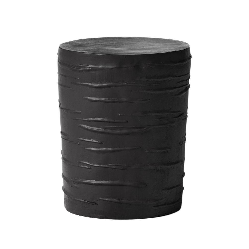 Black round concrete outdoor side table with a textured, wood-like surface.