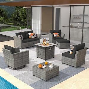 Bexley Gray 8-Piece Wicker Fire Pit Patio Conversation Seating Set with Black Cushions and Swivel Chairs