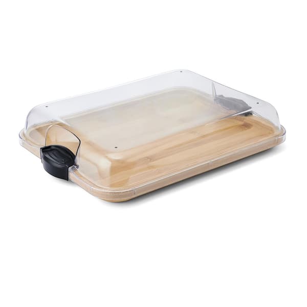 11in.Lx14inWx2.9in.H Build-A-Board Bamboo Cutting Board w/Clear Locking Lid and Black Handles, Single Compartment